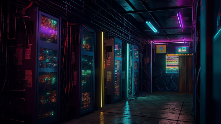 Futuristic server room with racks of servers backlite by neon